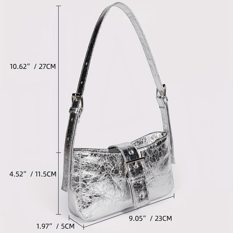 PU Leather Buckle Decor Shoulder Bag with Silver Zipper