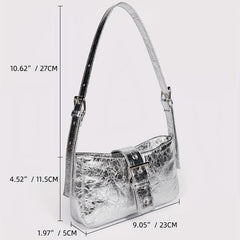 PU Leather Buckle Decor Shoulder Bag with Silver Zipper