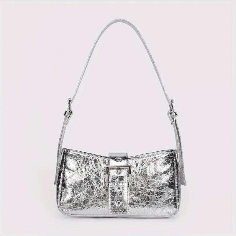 PU Leather Buckle Decor Shoulder Bag with Silver Zipper