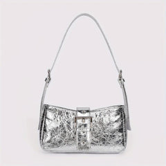 PU Leather Buckle Decor Shoulder Bag with Silver Zipper