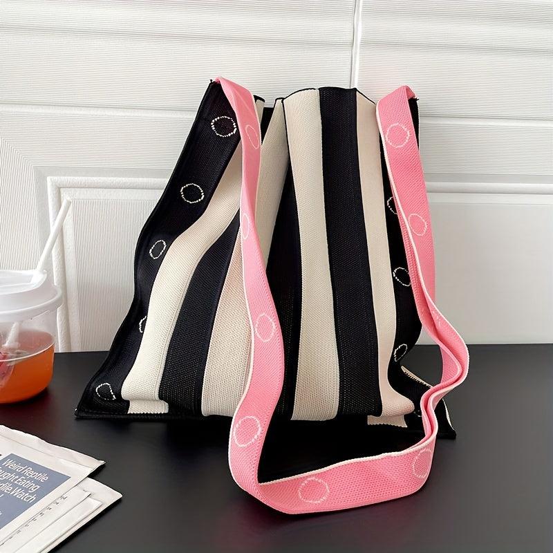 Foldable Stripes Ruched Handbag Colorblock Knitted Shoulder Bag