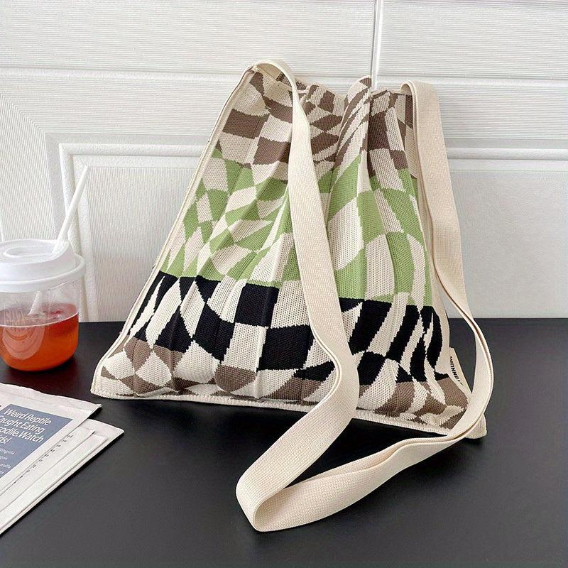 Foldable Stripes Ruched Handbag Colorblock Knitted Shoulder Bag