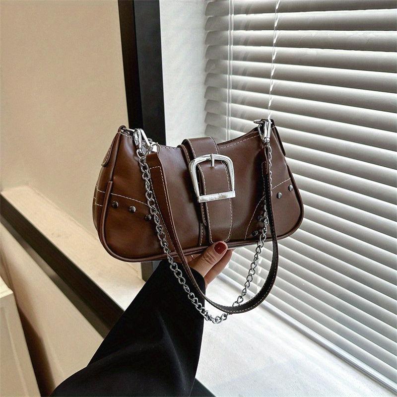Stylish Studded PU Leather Shoulder Bag with Buckle Chain Decor