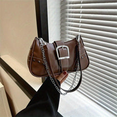Stylish Studded PU Leather Shoulder Bag with Buckle Chain Decor