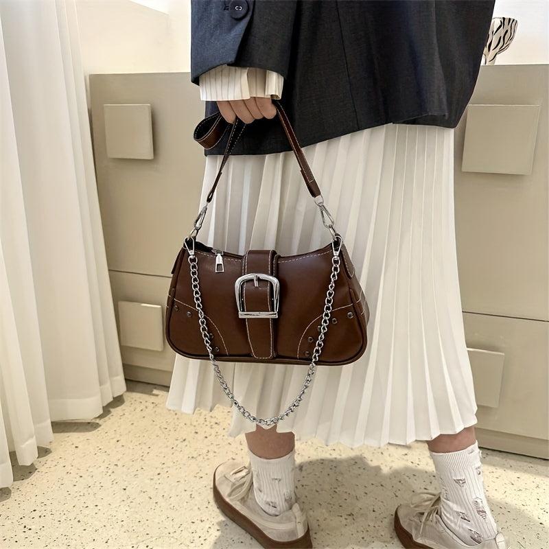 Stylish Studded PU Leather Shoulder Bag with Buckle Chain Decor