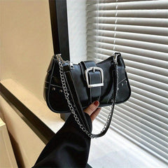 Stylish Studded PU Leather Shoulder Bag with Buckle Chain Decor