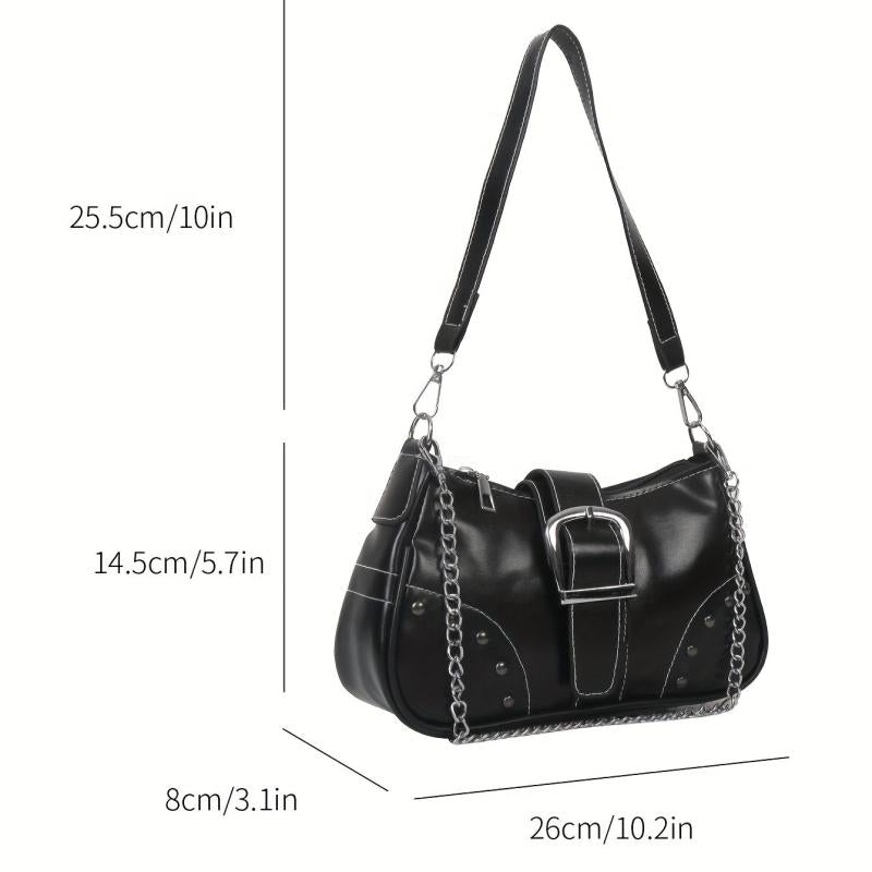 Stylish Studded PU Leather Shoulder Bag with Buckle Chain Decor