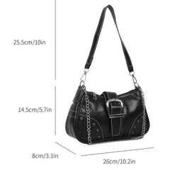 Stylish Studded PU Leather Shoulder Bag with Buckle Chain Decor