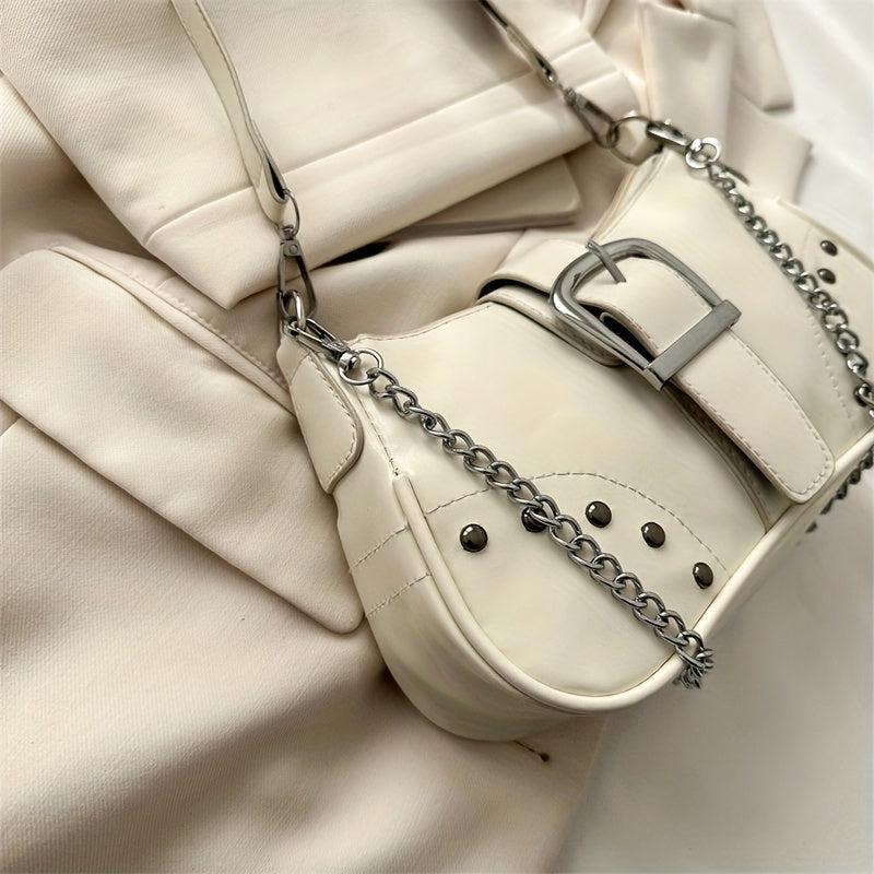 Stylish Studded PU Leather Shoulder Bag with Buckle Chain Decor