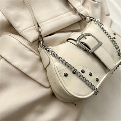 Stylish Studded PU Leather Shoulder Bag with Buckle Chain Decor
