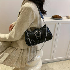 Stylish Studded PU Leather Shoulder Bag with Buckle Chain Decor