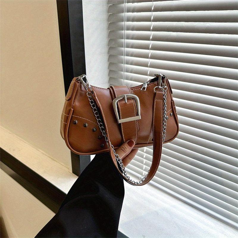 Stylish Studded PU Leather Shoulder Bag with Buckle Chain Decor