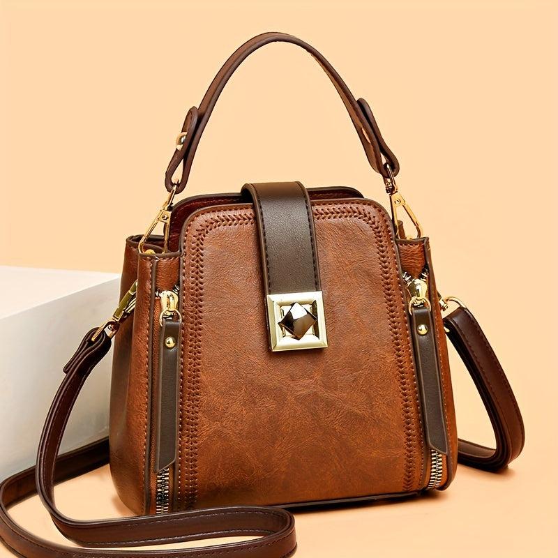 Stylish PU Leather Shoulder Bag Top Handle Zipper Crossbody Bag