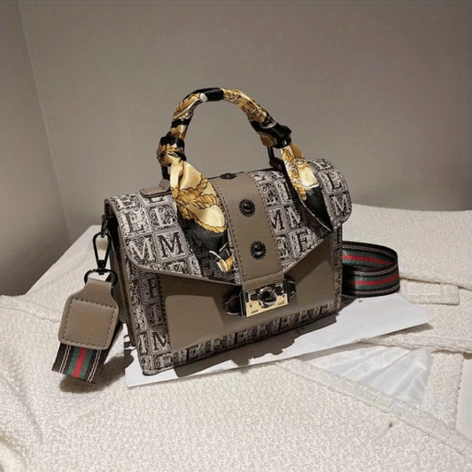 Vintage Letter Print Handbags Scarf Decor Crossbody Bag Square Purse