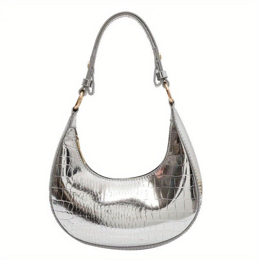 Crocodile Pattern Hobo Bag Metallic Shoulder Bag Crescent Handbag Purse