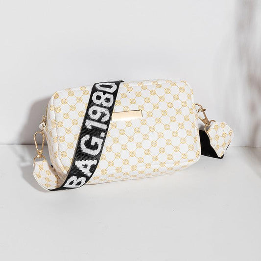 Geo Print Crossbody Bag Mini PU Leather Square Purse Women's Wide Strap Shoulder