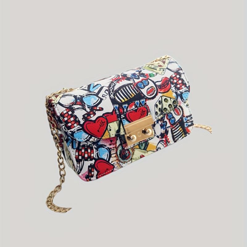 Heart Graffiti Print Crossbody Bag Chain Shoulder Bag Square Purse