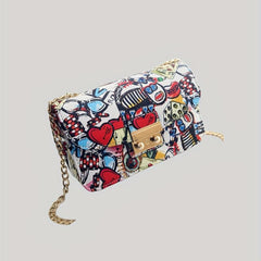 Heart Graffiti Print Crossbody Bag Chain Shoulder Bag Square Purse