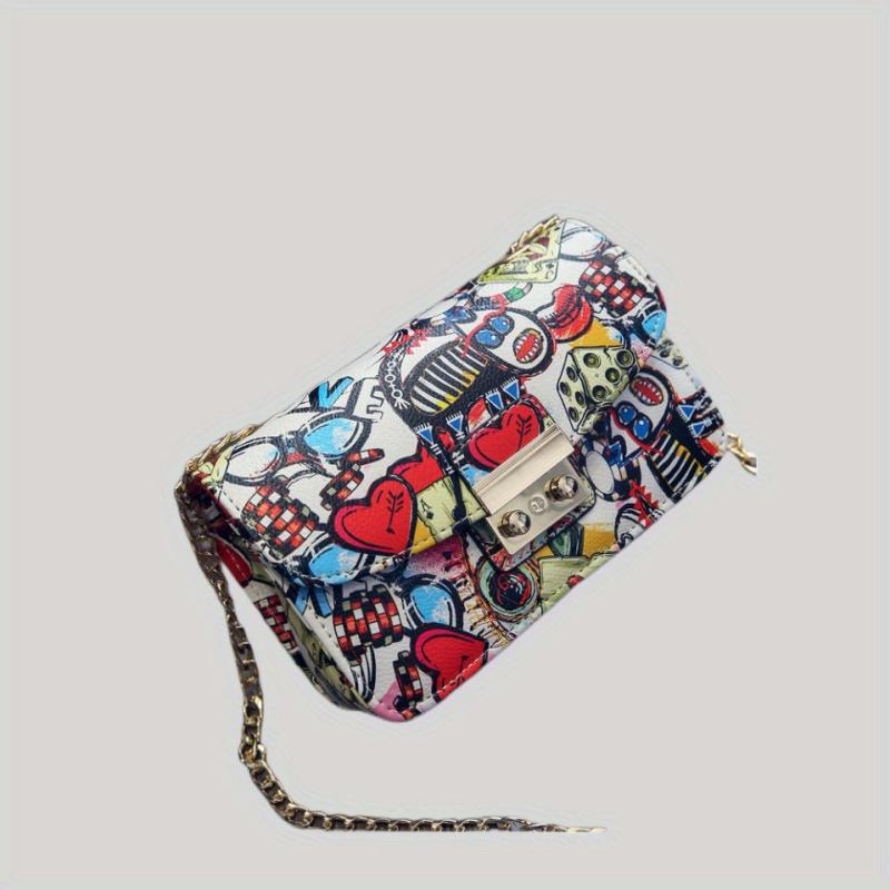 Heart Graffiti Print Crossbody Bag Chain Shoulder Bag Square Purse