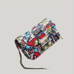 Heart Graffiti Print Crossbody Bag Chain Shoulder Bag Square Purse
