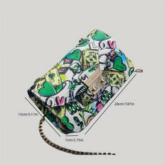 Heart Graffiti Print Crossbody Bag Chain Shoulder Bag Square Purse