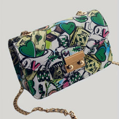 Heart Graffiti Print Crossbody Bag Chain Shoulder Bag Square Purse