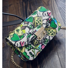 Heart Graffiti Print Crossbody Bag Chain Shoulder Bag Square Purse
