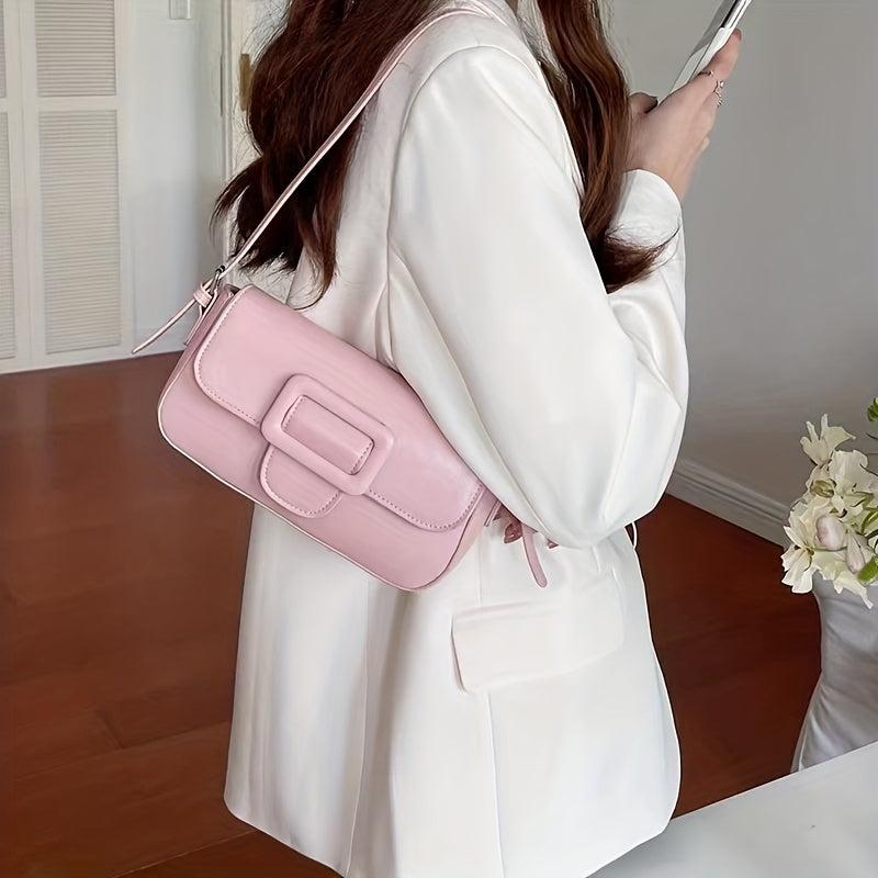 Minimalist Baguette Bag Buckle Flap Purse Solid Shoulder Bag