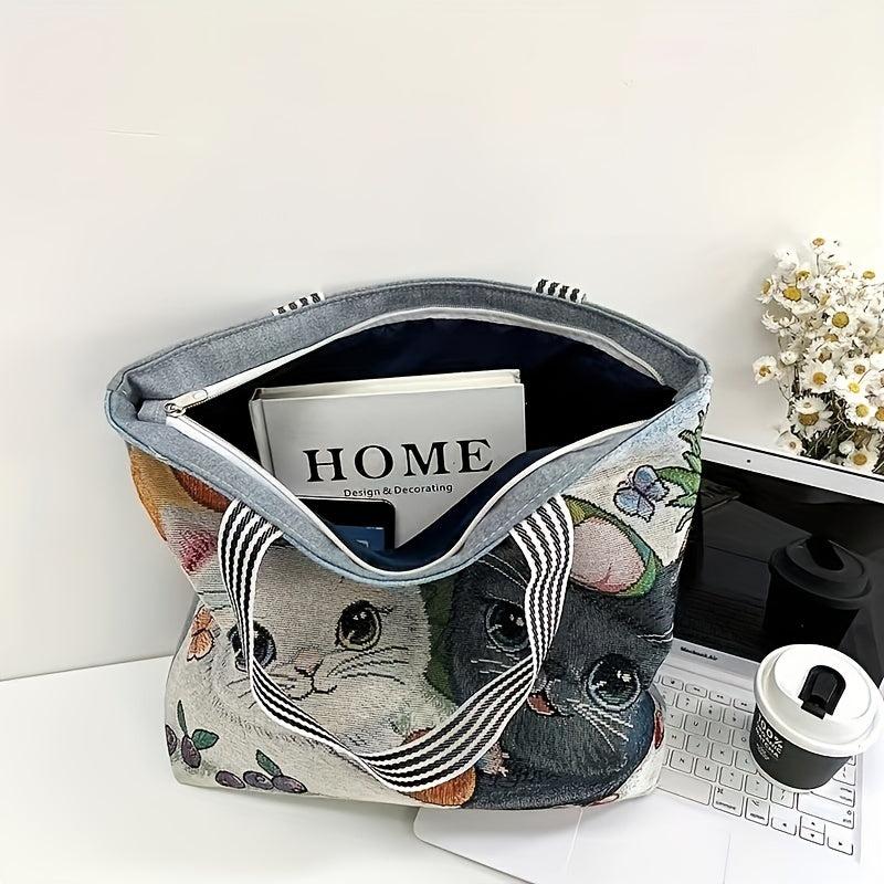 Cute Cartoon Cat Shoulder Bag Zipper Shopping Handbag