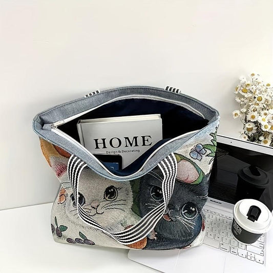 Cute Cartoon Cat Shoulder Bag Zipper Shopping Handbag