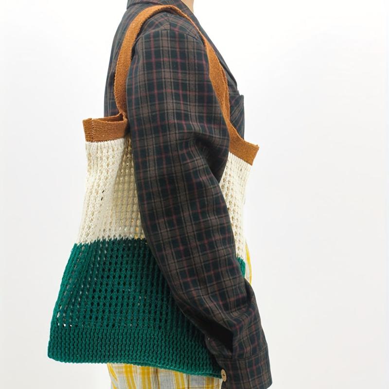 Colorblock Crochet Handbag Lightweight Versatile Shopping Bag