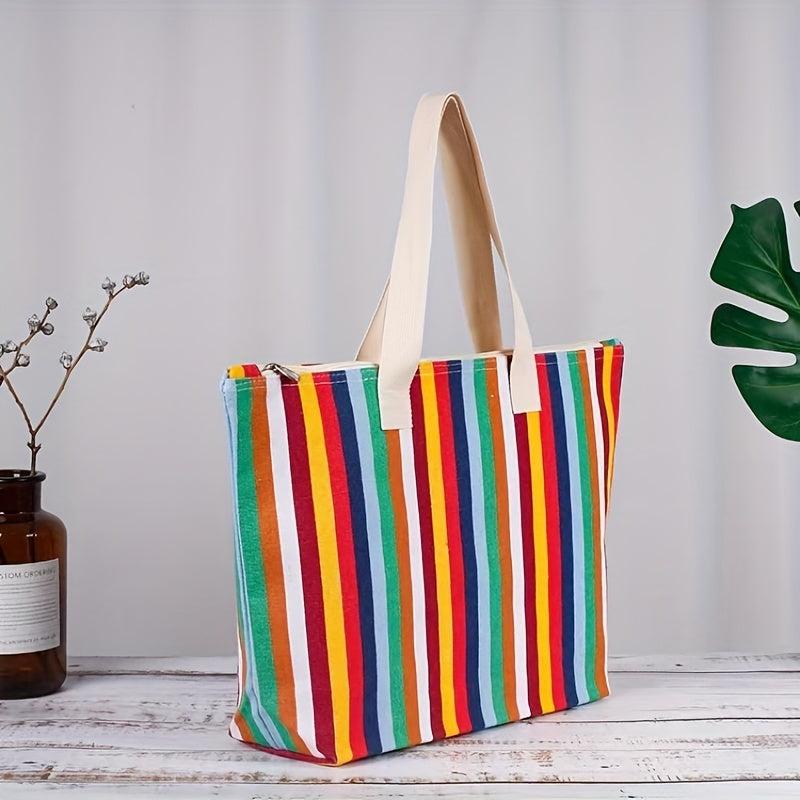 Rainbow Striped Canvas Tote Bag Lightweight Shoulder Bag