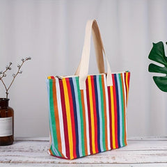 Rainbow Striped Canvas Tote Bag Lightweight Shoulder Bag