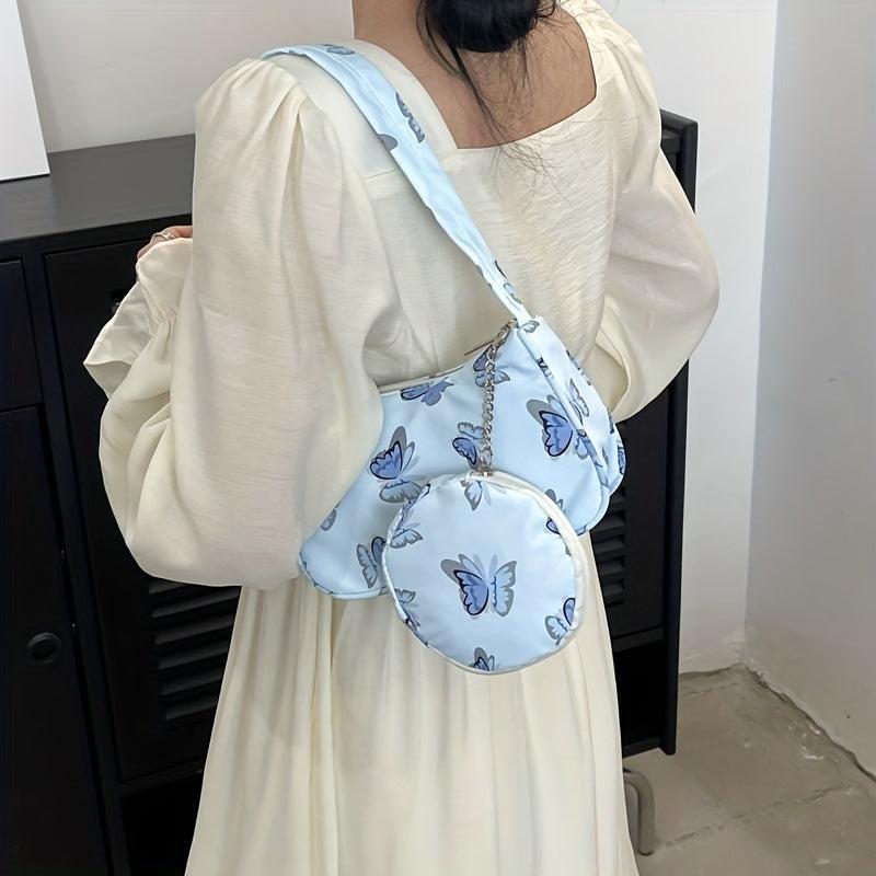 Butterfly Pattern Shoulder Bag with Mini Purse