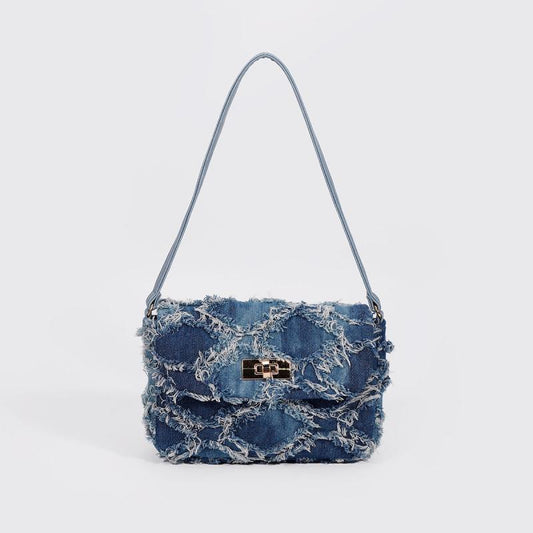 Denim Argyle Shoulder Bag Buckle Decor Flap Purse for Street Wear