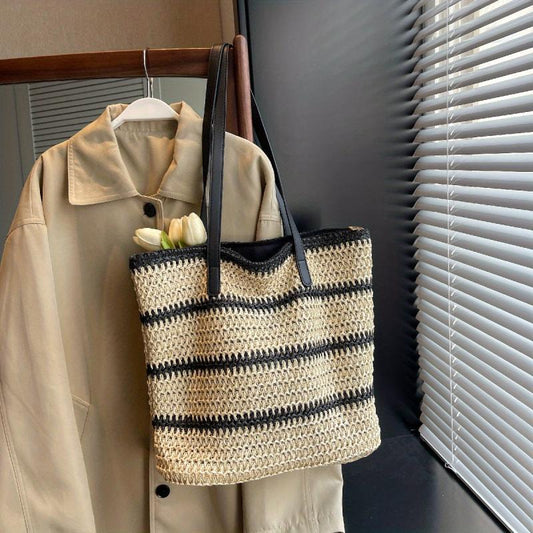 Striped Straw Woven Shoulder Bag Large Capacity Tote Bag