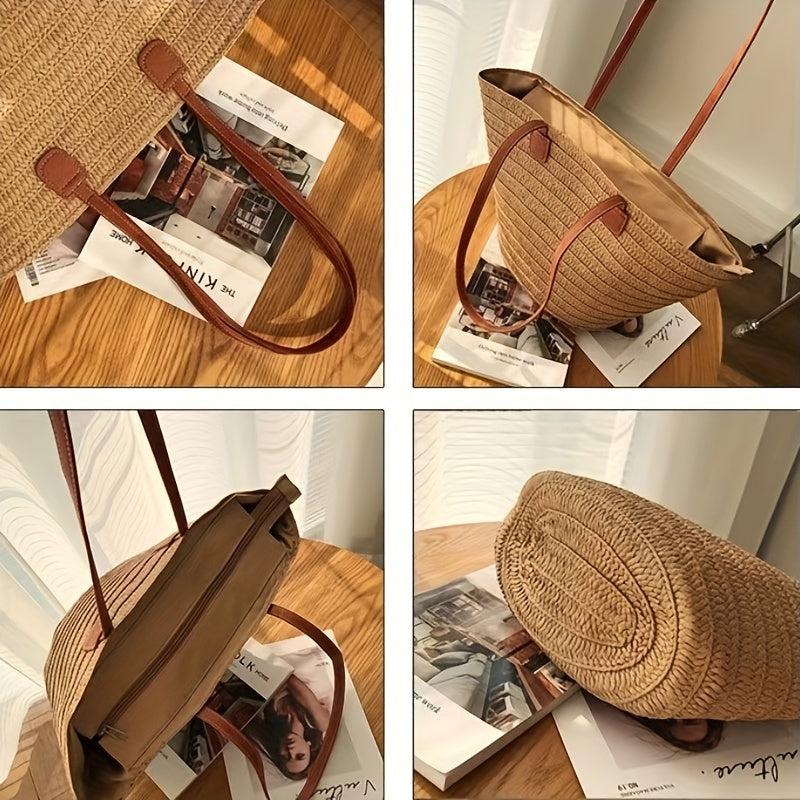 Straw Woven Beach Bag Large Capacity Boho Style Tote Bag