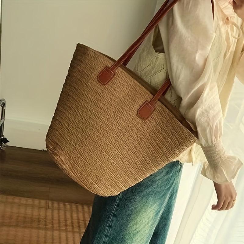 Straw Woven Beach Bag Large Capacity Boho Style Tote Bag