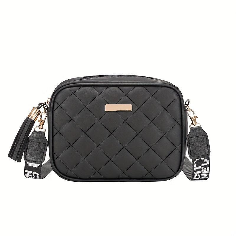 Quilted Square Crossbody Bag Wide Strap Purse Shoulder Bag