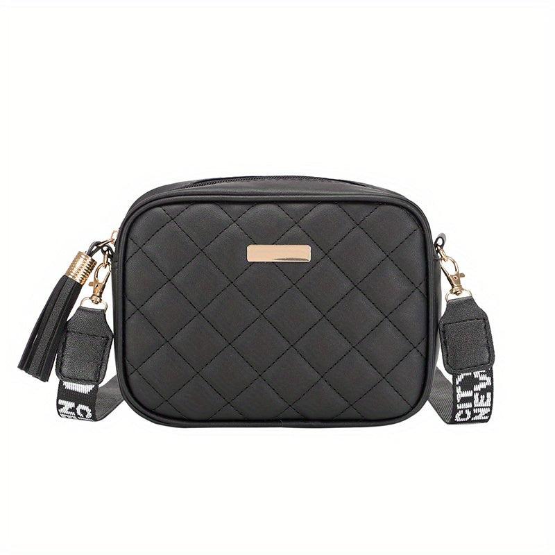 Quilted Square Crossbody Bag Wide Strap Purse Shoulder Bag