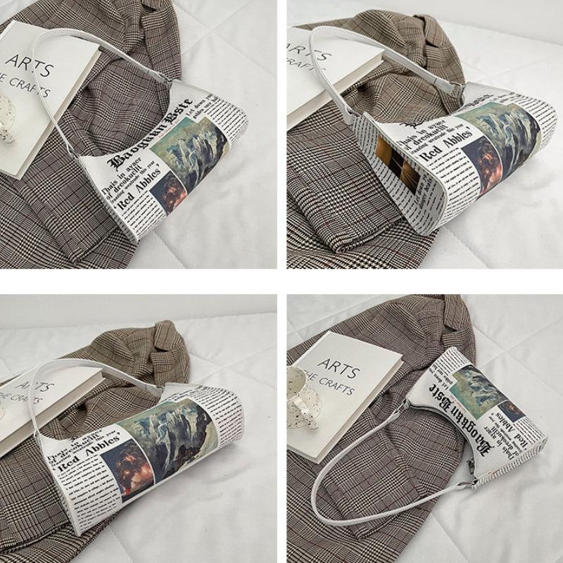 Newspaper Pattern Baguette Bag Zipper Shoulder Bag