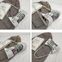 Newspaper Pattern Baguette Bag Zipper Shoulder Bag