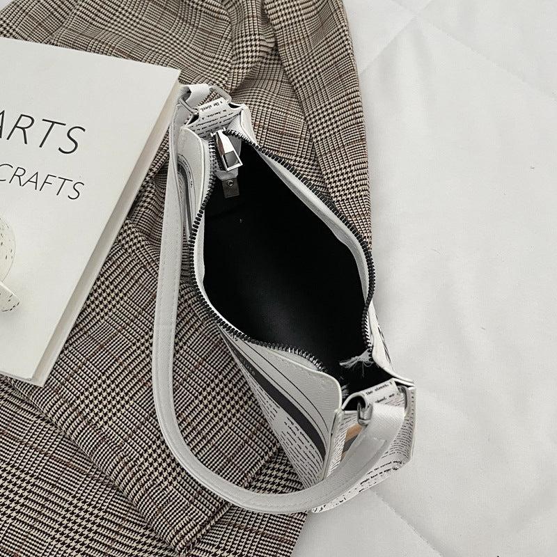 Newspaper Pattern Baguette Bag Zipper Shoulder Bag