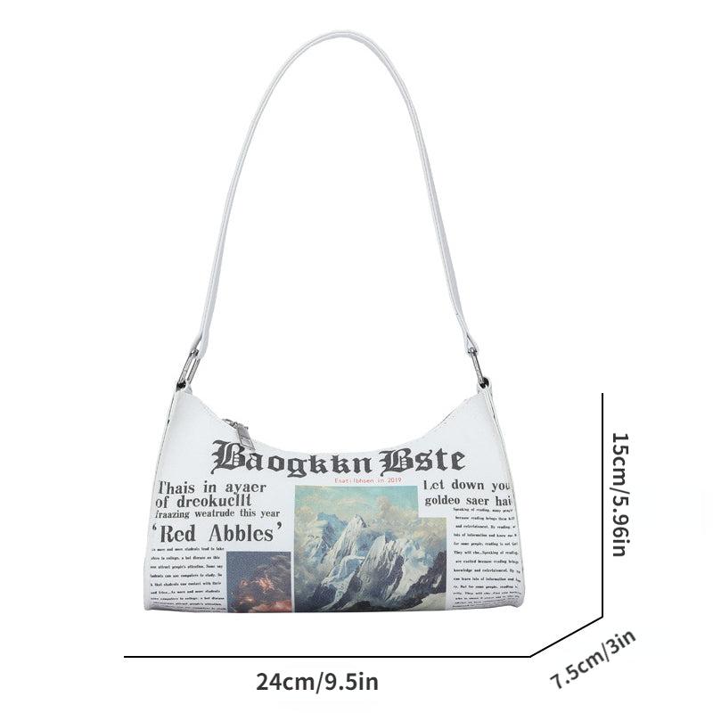 Newspaper Pattern Baguette Bag Zipper Shoulder Bag