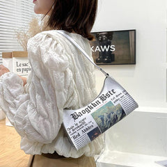 Newspaper Pattern Baguette Bag Zipper Shoulder Bag