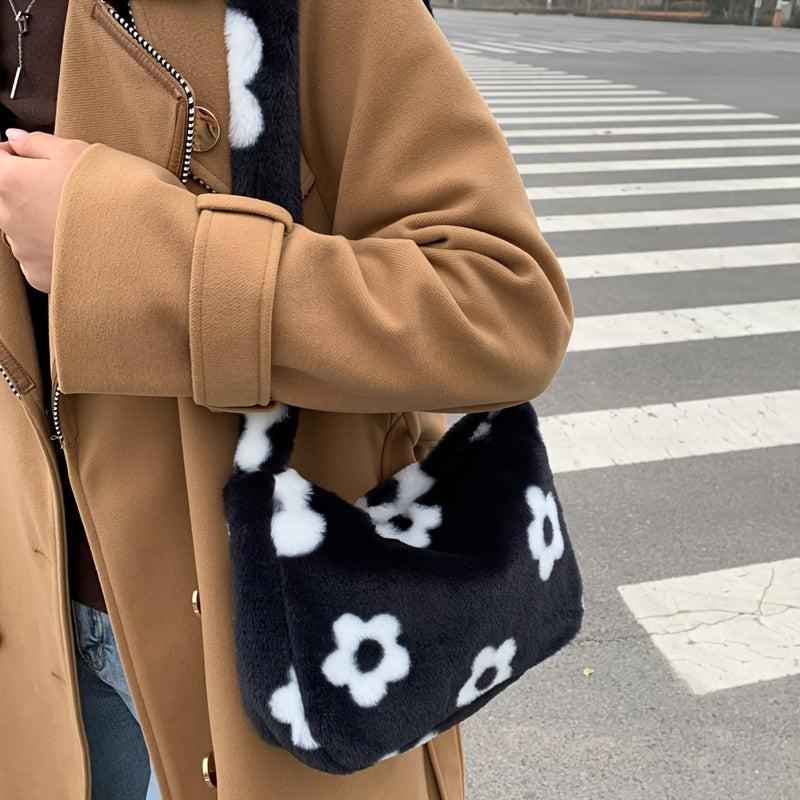 Flower Graphic Plush Shoulder Bag Large Capacity Casual Hand Bag