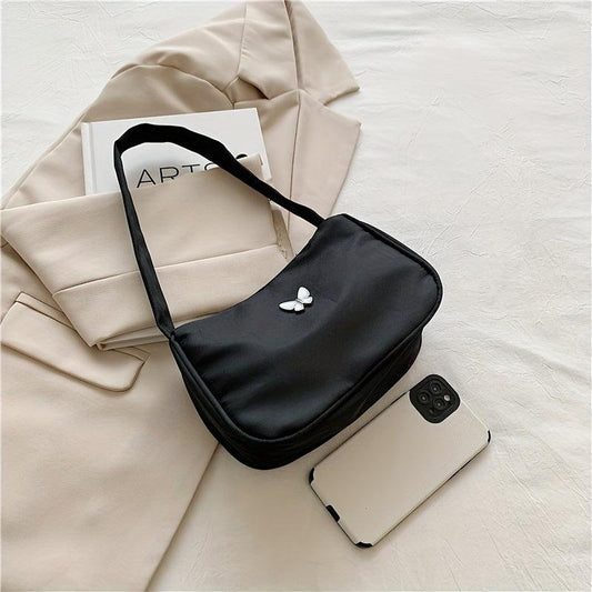 Butterfly Decor Nylon Shoulder Bag Underarm Purse with Zipper