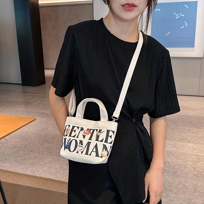 Cartoon Letter Print Crossbody Bag Women's Canvas Shoulder Purse
