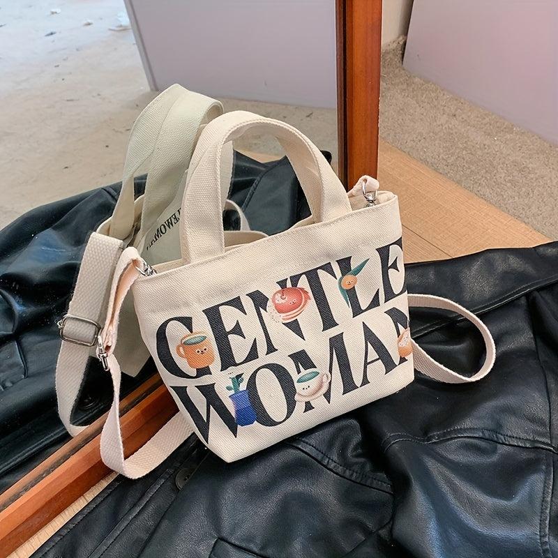 Cartoon Letter Print Crossbody Bag Women's Canvas Shoulder Purse
