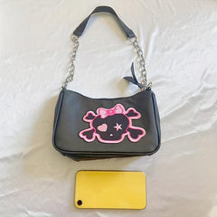 Y2K Pink Skull Patch Shoulder Bag Dark Style Cartoon Chain Handbag